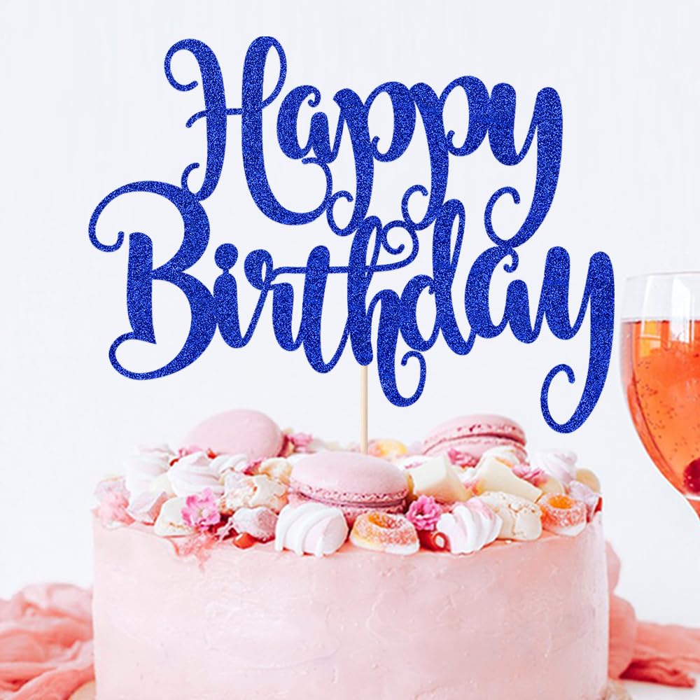 FmiyunEea Happy Birthday Cake Topper- Glitter Happy Birthday Cake Decor, Handmade Anniversary/Birthday Party Supplies (Deep blue)