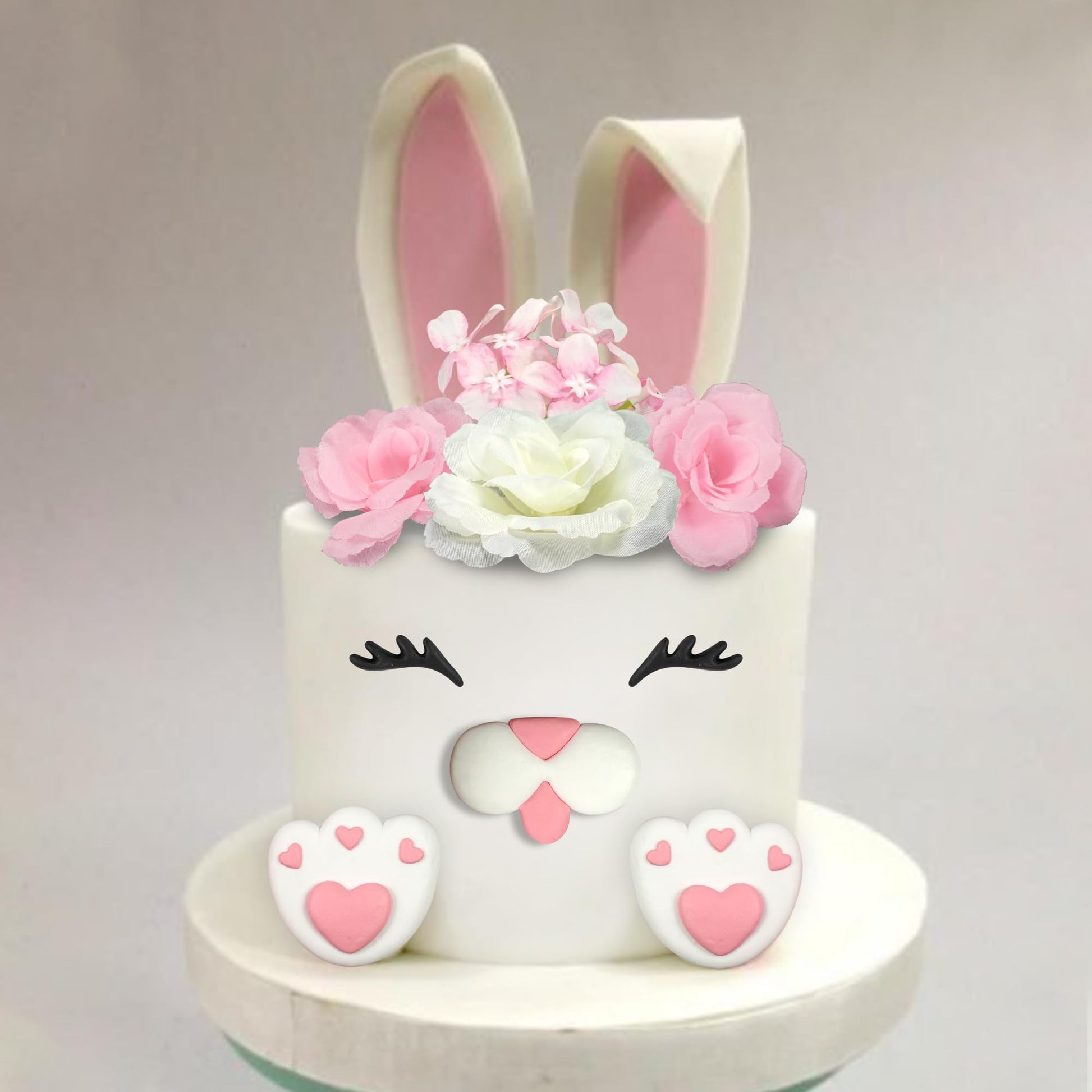 12 PCS Bunny Cake Topper with Ear Foot Flower Eye Nose for Easter Bunny Rabbit Birthday Supplies (Pink)
