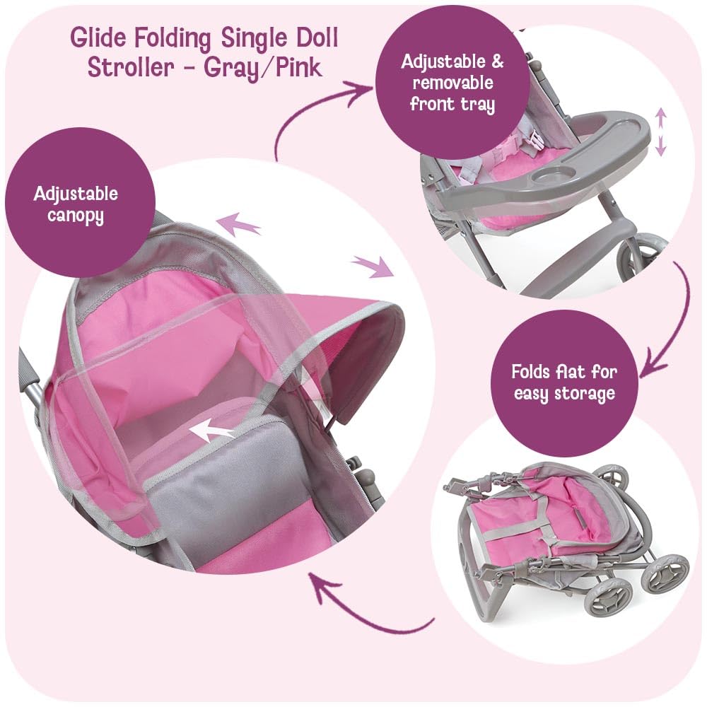 Badger Basket Deluxe Glide Folding Single Doll Stroller for 18-Inch Dolls in Gray and Pink - Ideal for Playtime Adventures