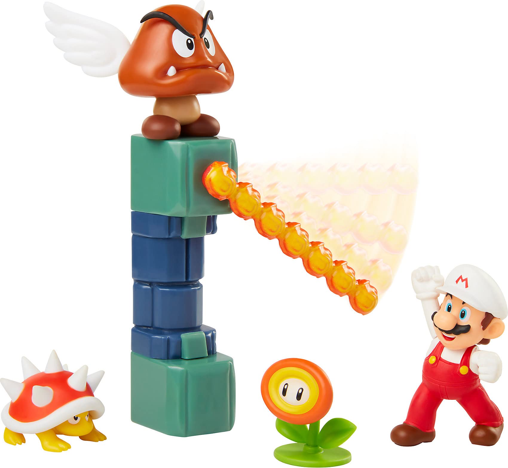 Nintendo Super Mario Lava Castle 2.5" Figure Diorama Play Set, Includes: Fire Mario, Spiny, & para Goomba, Mechanical Spinning Fireballs, Block & Fire