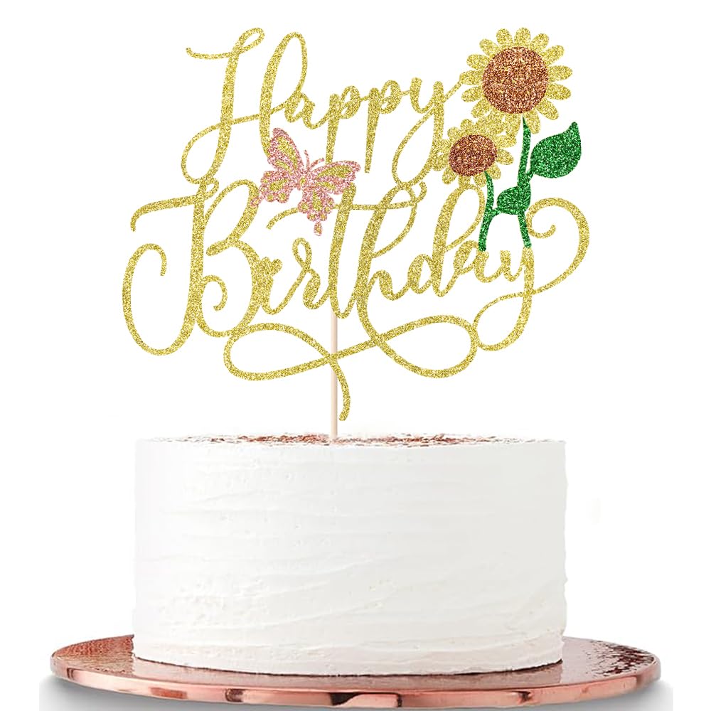Sleyberoy Gold Glitter Sunflower Happy Birthday Cake Topper
