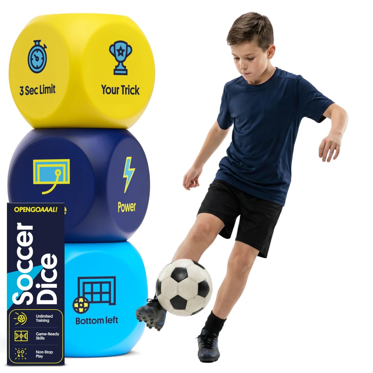 Open Goaaal Soccer Training Dice Game, 3 Dice and Guide