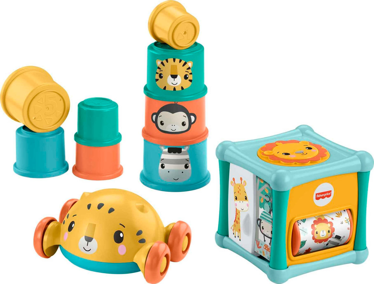 Fisher-Price Baby Toys Set With Fine Motor Toy, Stacking Cups & Push Car, Sit & Crawl Gift Set