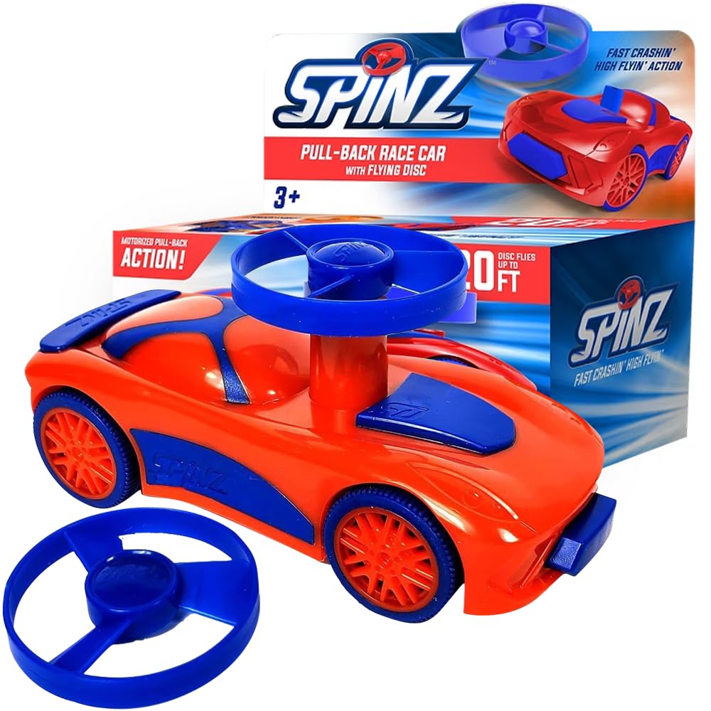 Spinz Race Car with Flying Disc Launcher, Pull Back Bumper Toy Racer, Kids, Boys, Girls Gift, Red & Blue, Ages 3+