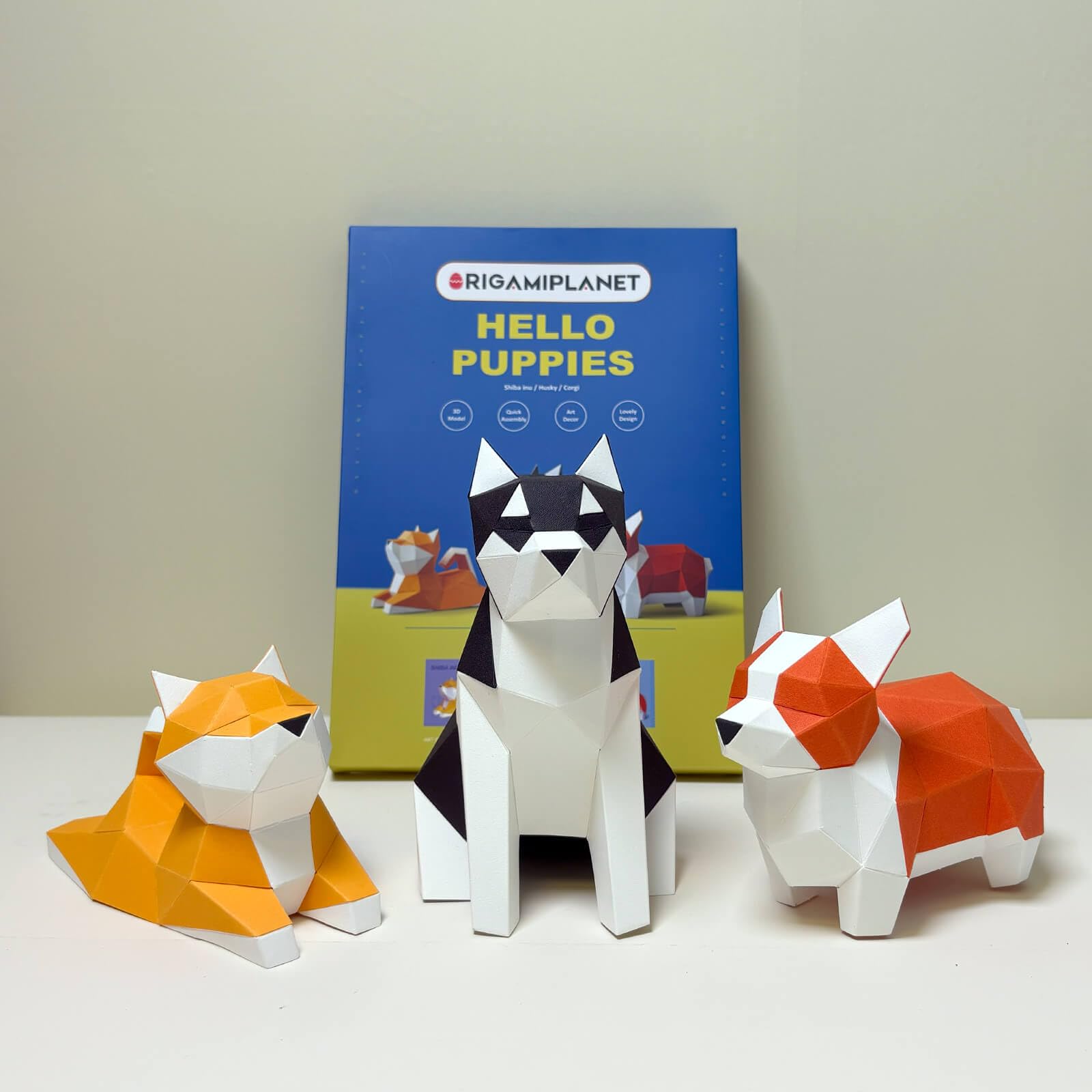 ORIGAMIPLANET Hello Puppies 3D Origami Paper Craft Gift Set- 3 pcs, Husky/Corgi/Shiba Inu Pre-Cut Origami Kit, Cute Animal Paper Sculpture for Teens