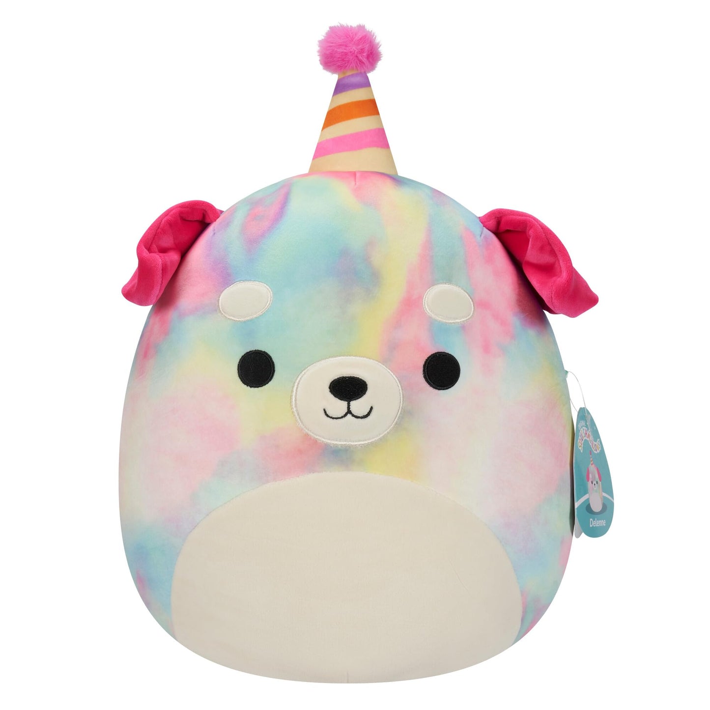 Squishmallows Original 12-Inch Delenne The Rainbow Tie-Dye Dog with Party Hat - Official Jazwares “Happy Birthday” Plush (Medium-Sized)