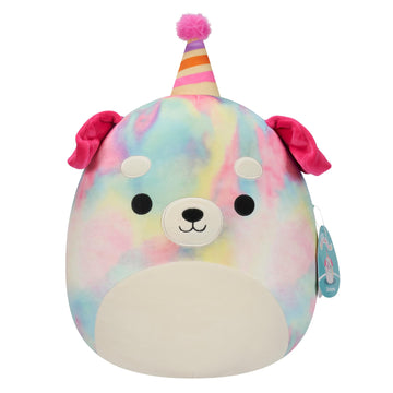 Squishmallows Original 12-Inch Delenne The Rainbow Tie-Dye Dog with Party Hat - Official Jazwares “Happy Birthday” Plush (Medium-Sized)
