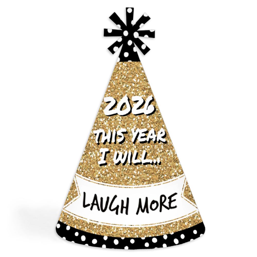 Big Dot of Happiness Pop, Fizz, Clink! - Cone Party Hats - 2026 New Year's Eve Resolution Cone Party Hat for Kids and Adults - Set of 8 (Standard