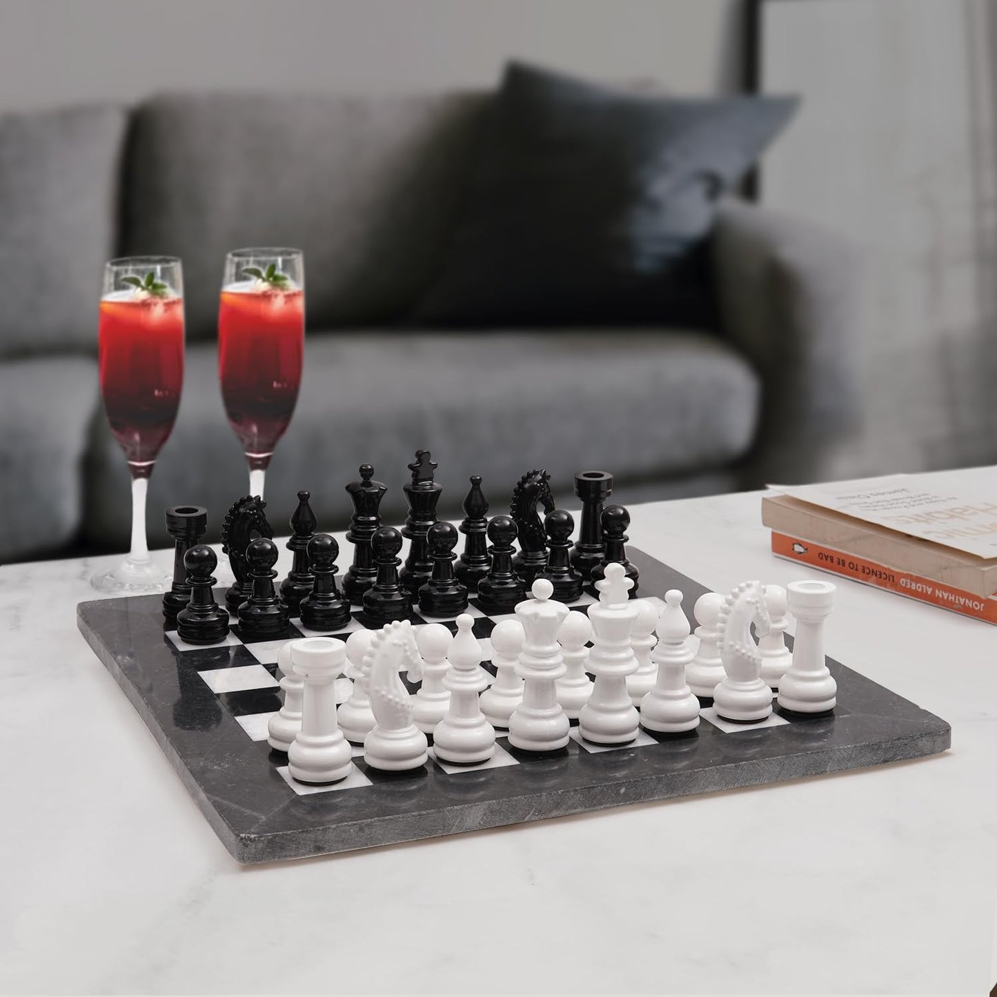 Marblous Krafts Marble Chess Set 15 Inch Black & White Handcrafted Marble Chess Board with Pieces Luxury Chess Sets for Adults Classic Strategy Board