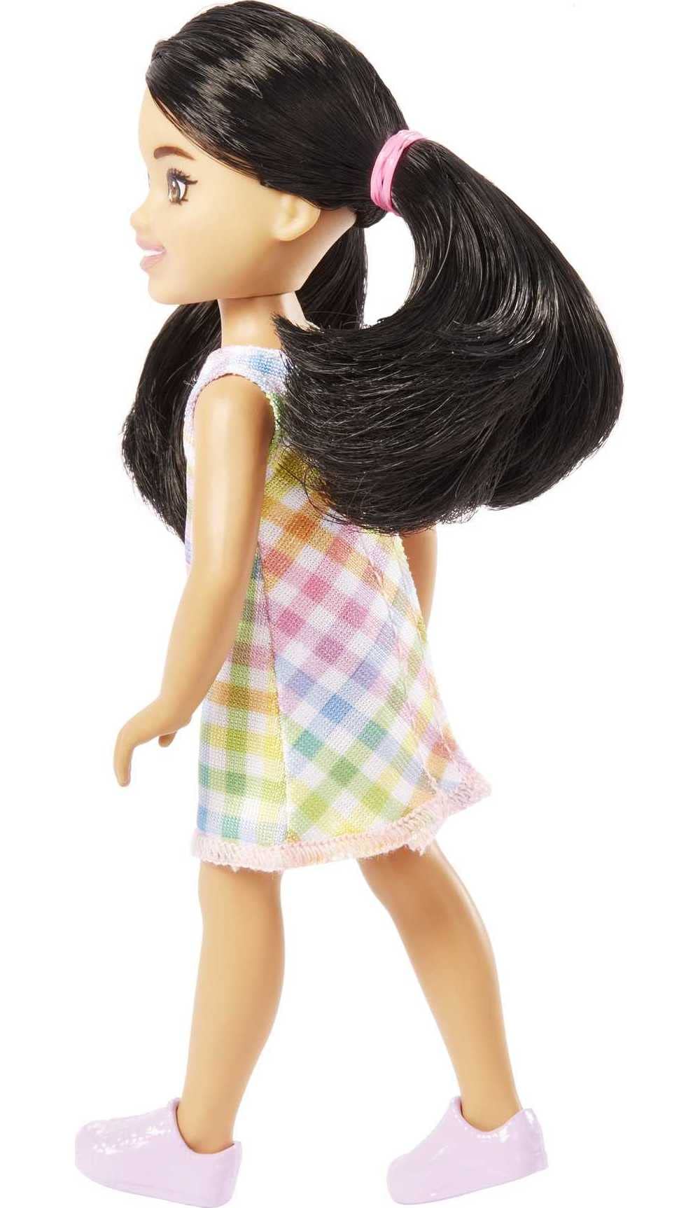 Barbie Chelsea Doll, Small Doll with Black Hair in Pigtails & Brown Eyes Wearing Removable Plaid Dress & Pink Shoes