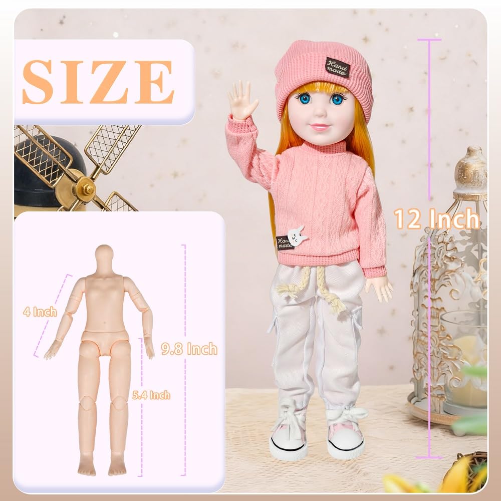 Coconutlin 12 Inch BJD Fashion Girl Doll, 15 Movable Joints, Exquisite Hair and Trendy Casual Outfits (Casual wear-Pink)
