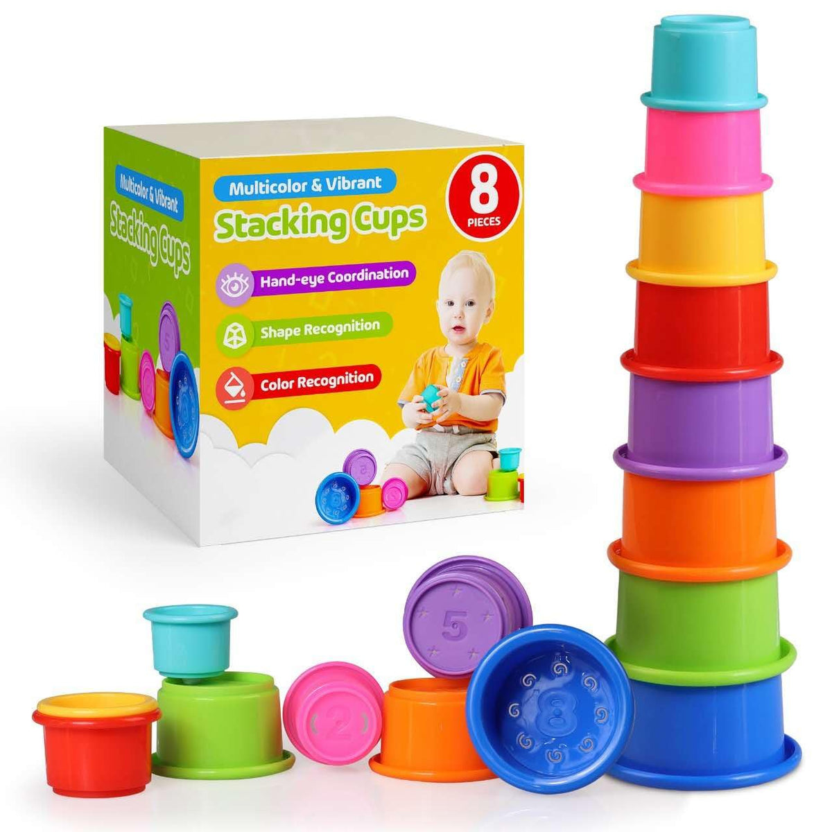 GLOWING KNIGHTS Colorful Stacking Cups for Babies and Toddlers, 8 PCS Nesting and Stackable Cups for Bath, Beach, Montessori Play, Early Learning