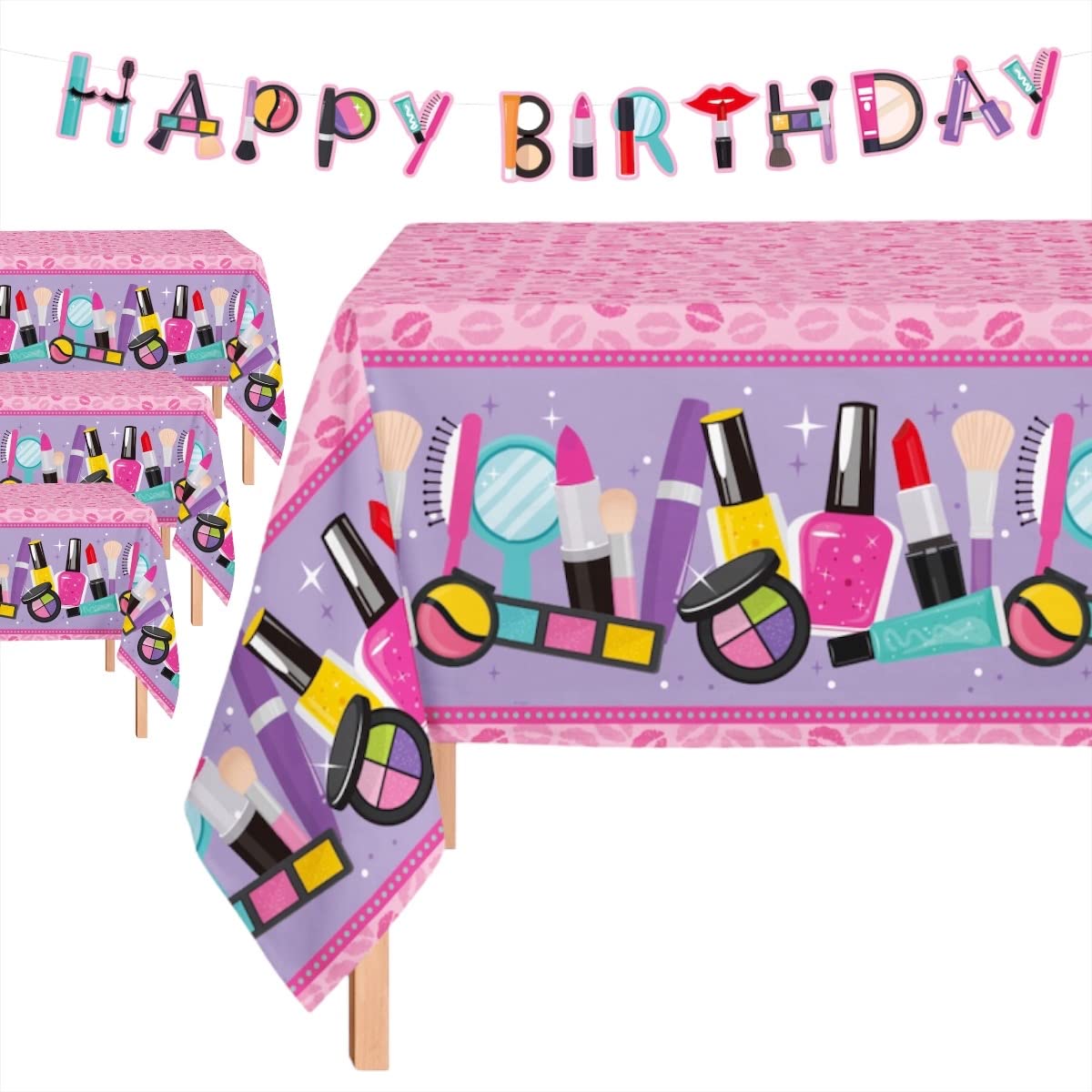 Oojami 3 Pack Table Cover Spa Theme Tablecloth Large Size 54" x 108" Includes 1 Happy Birthday Banner Ideal for Spa Themed Birthday, Spa Party Table