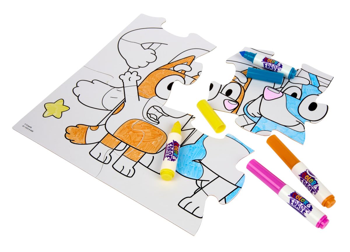 Crayola Color & Erase Bluey Puzzle Set, 12 Color in Puzzle Pieces, Reusable, Double Sided Kids Puzzle, Bluey Gift for Kids, 3+