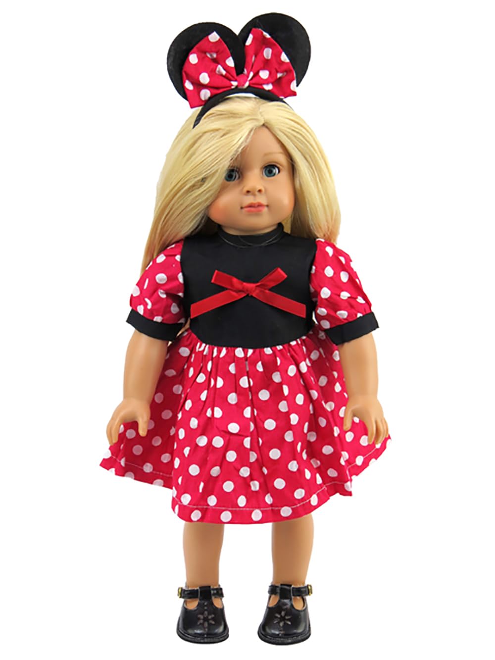 American Fashion World Little Mouse Costume for 18 Inch Dolls - Red, White & Black Polka Dot Dress with Mouse Ear Headband