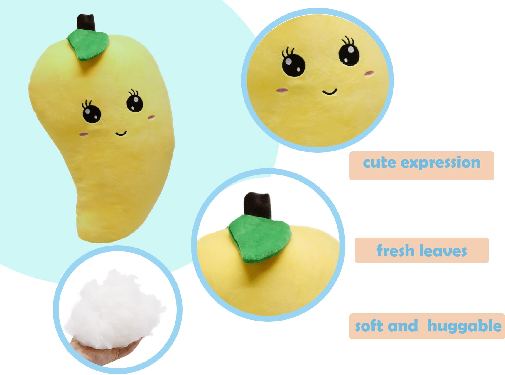 BABOLI Cuddly Mango Plush Toy Pillow Adorable Soft Fruit Stuffed Animal with Smile Face and Cute Expression Pretty Sweet Gifts for Kids Boys and Girls