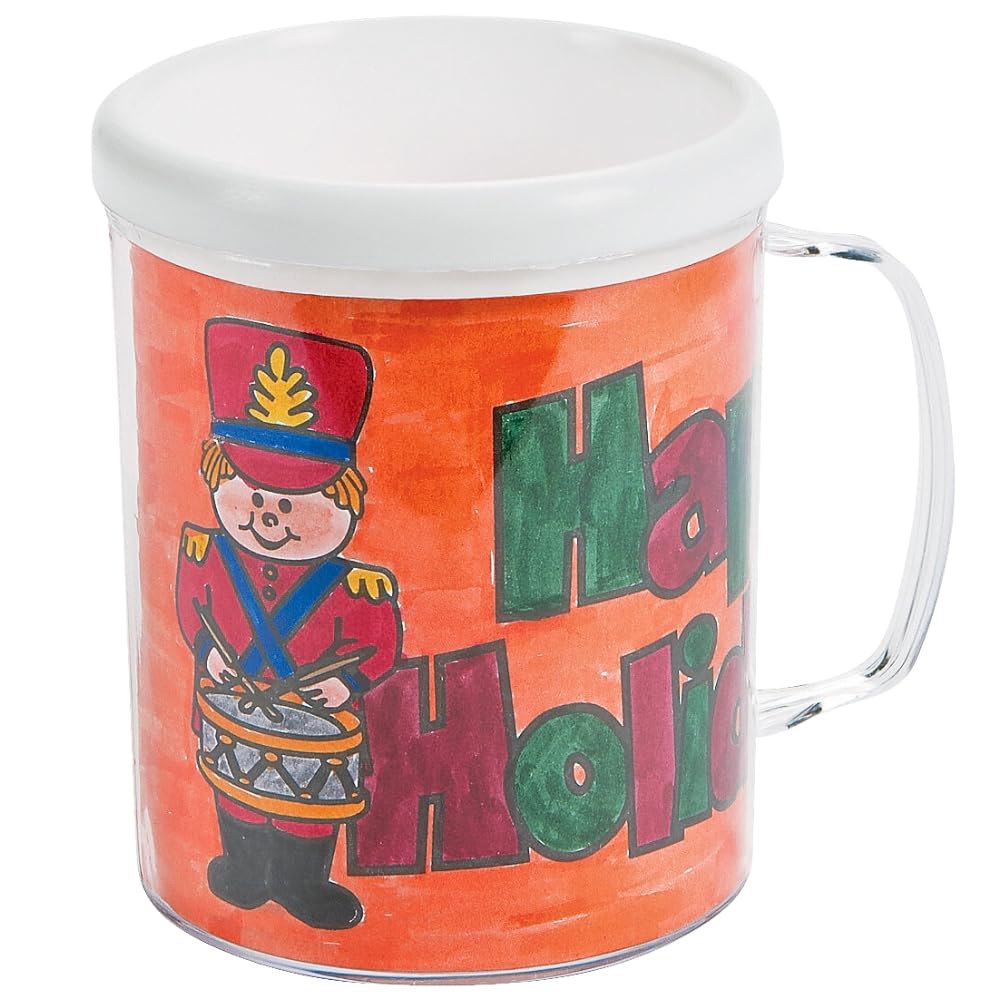 Fun Express Christmas Mugs Set of 4 Kids - 12 Pack Color Your Own Holiday Artist Plastic Mugs with Handles | Craft Kits for Christmas Party Activities