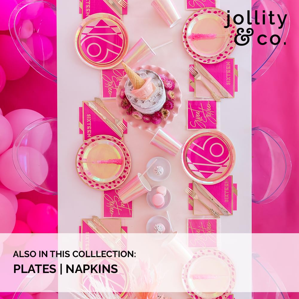 Jollity & Co Sweet 16 Dinner Plates - Leopard Print Design - Bright Pink Paper Plates with Gold Foil - Pack of 8 Party Plates - Birthday Plates