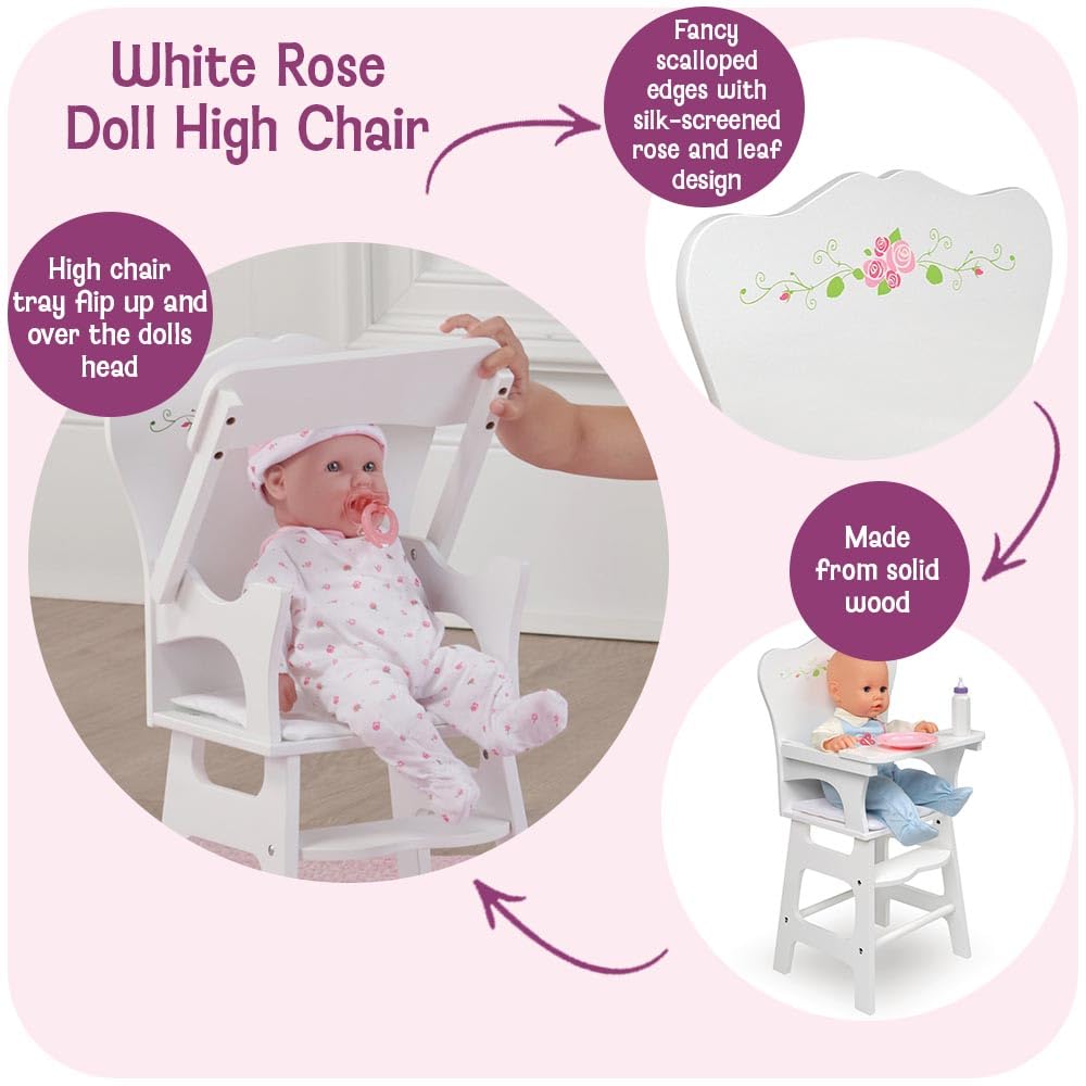 Badger Basket Doll High Chair - White and Rose Wood Design with Padded Seat and Lifting Tray - Fits 14 to 18 Inch Dolls for Pretend Mealtime Play
