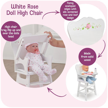 Badger Basket Doll High Chair - White and Rose Wood Design with Padded Seat and Lifting Tray - Fits 14 to 18 Inch Dolls for Pretend Mealtime Play