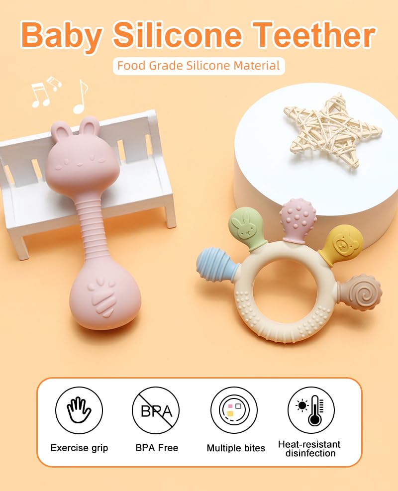 Neoberry Baby Teether and Rattle Toy Set, BPA-Free, Food-Grade Silicone, Easy-Grip Teething Rattle for Babies, Soothing Teething Toy, Infant Sensory