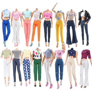 E-TING Lot 10 Items = Random Style 5 Sets Doll Clothes Casual Wear Outfit Tops + Pants with 5 Pair Shoes Accessories for 11.5 Inch Doll