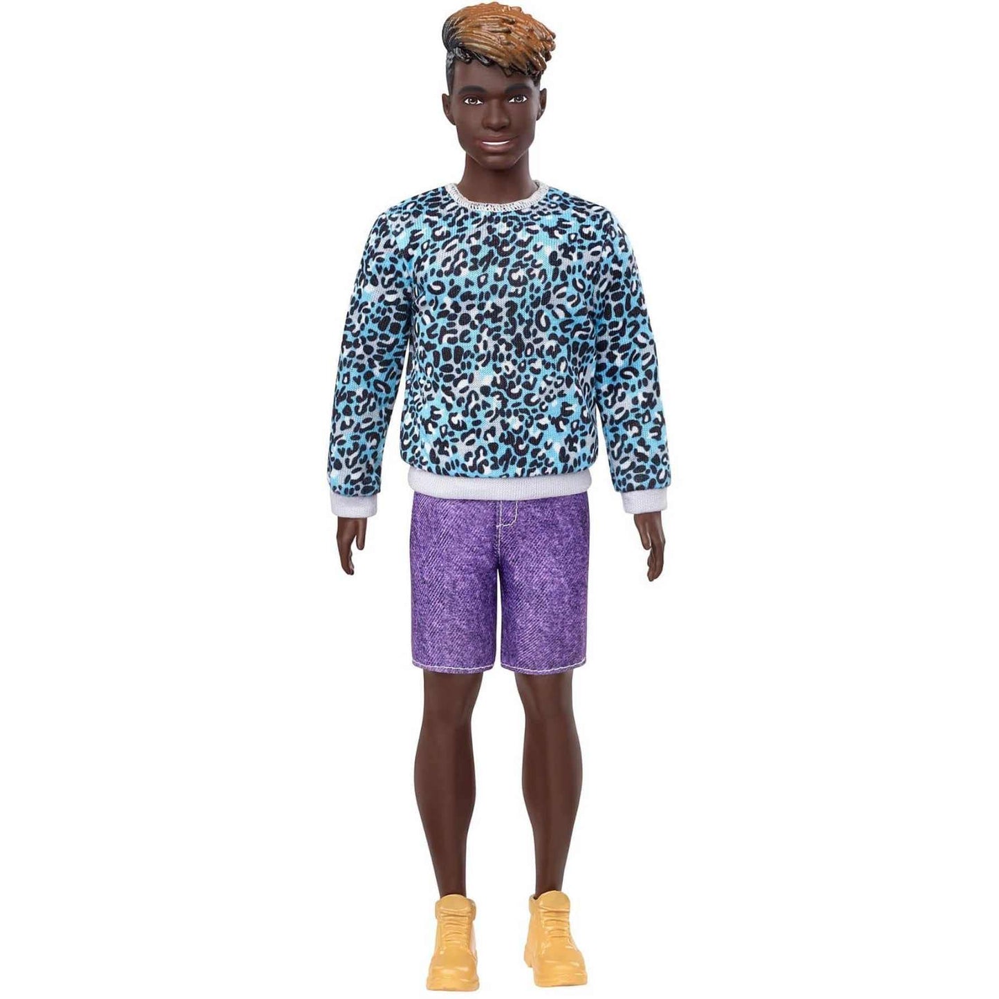 Barbie Ken Fashionistas Doll #153 with Sculpted Dreadlocks Wearing Blue Animal-Print Shirt, Purple Shorts & Boots, Toy for Kids 3 to 8 Years Old