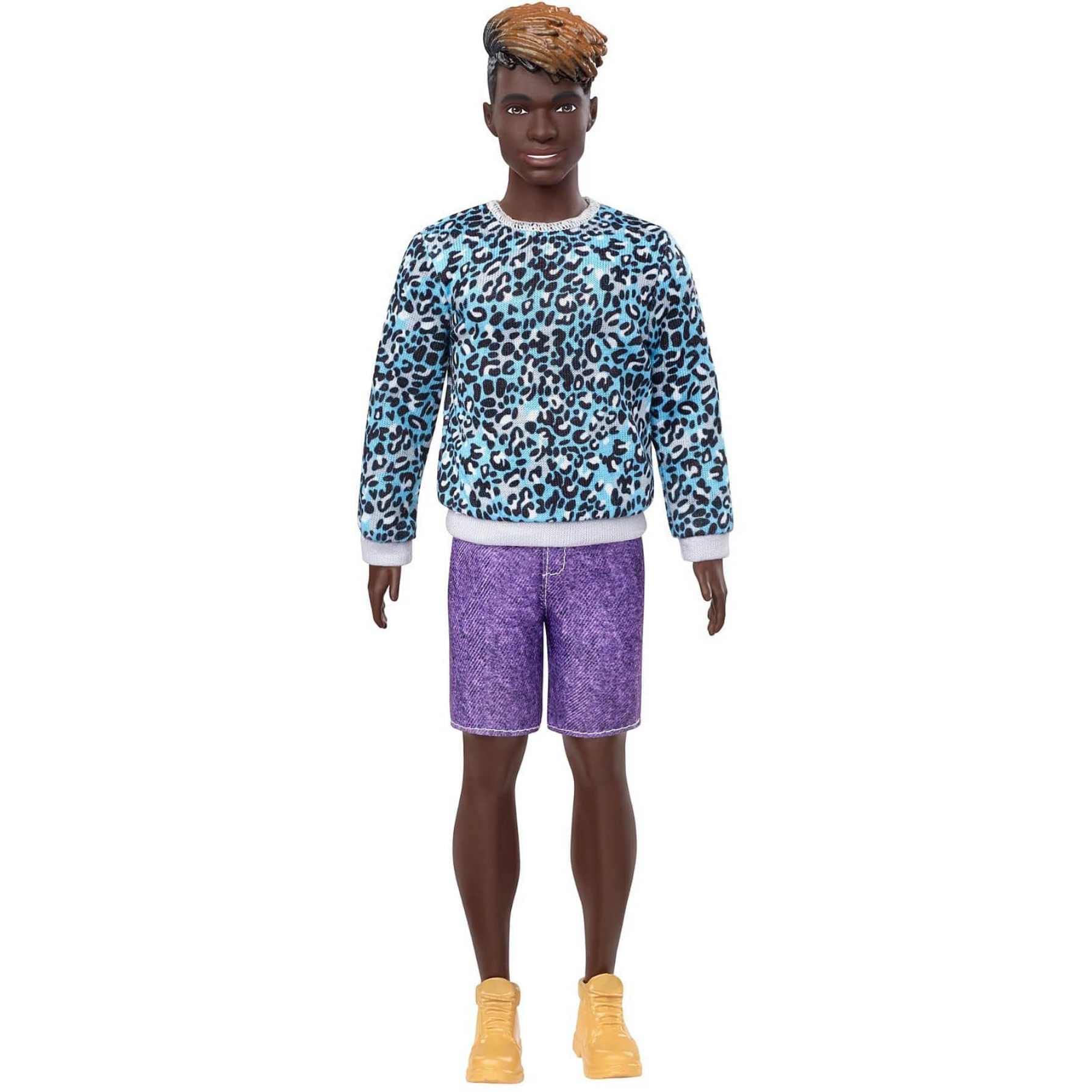 Barbie Ken Fashionistas Doll #153 with Sculpted Dreadlocks Wearing Blue Animal-Print Shirt, Purple Shorts & Boots, Toy for Kids 3 to 8 Years Old