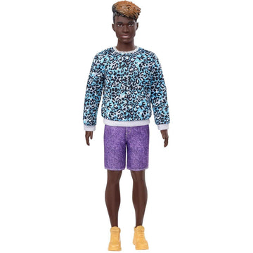 Barbie Ken Fashionistas Doll #153 with Sculpted Dreadlocks Wearing Blue Animal-Print Shirt, Purple Shorts & Boots, Toy for Kids 3 to 8 Years Old