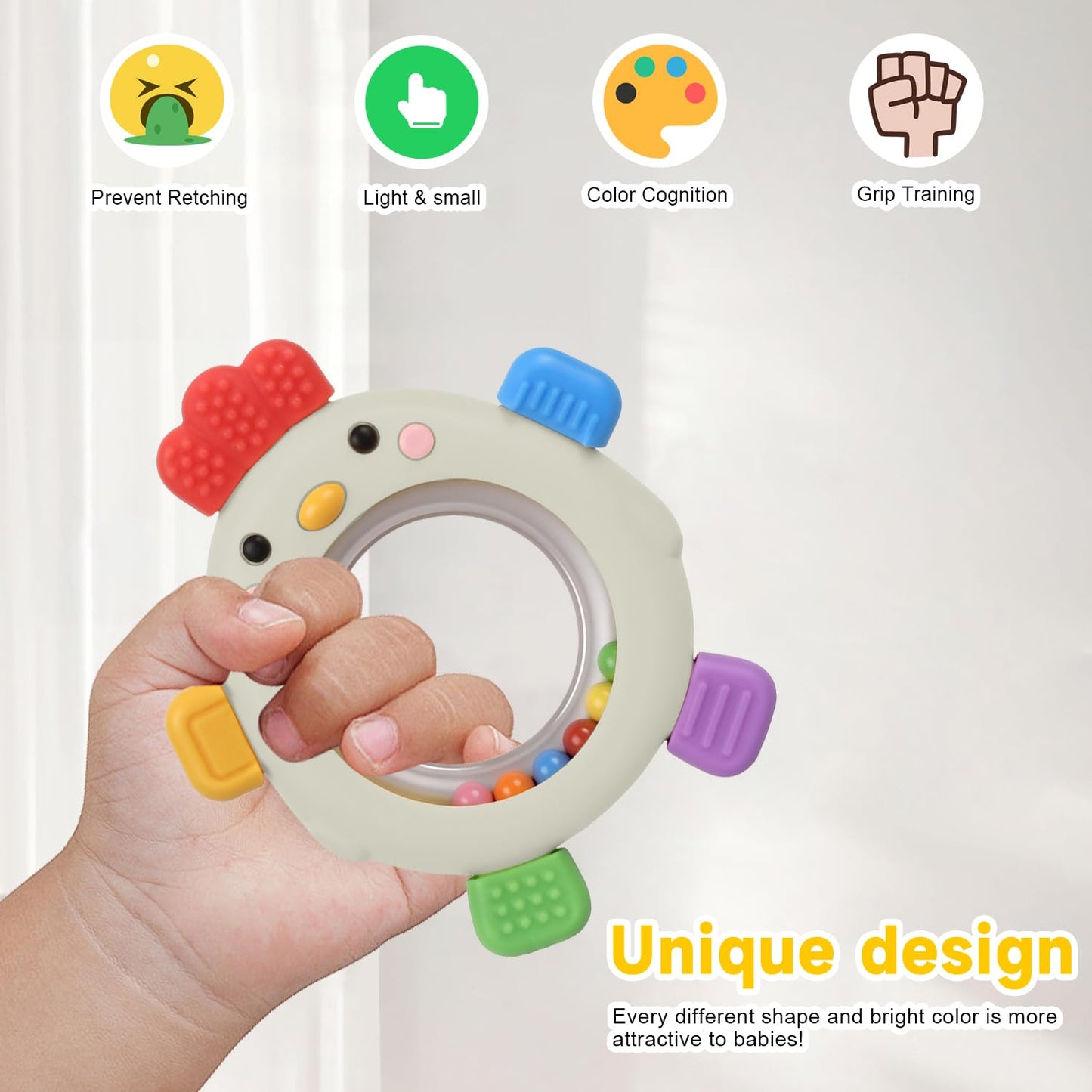 WALULAN Sensory Toys for Babies, 2 Pack Baby Teething Rings Toys for 0-3 3 6-12 Months Baby Rattle Teether Silicone Teether Relief Chew Soothing,BPA
