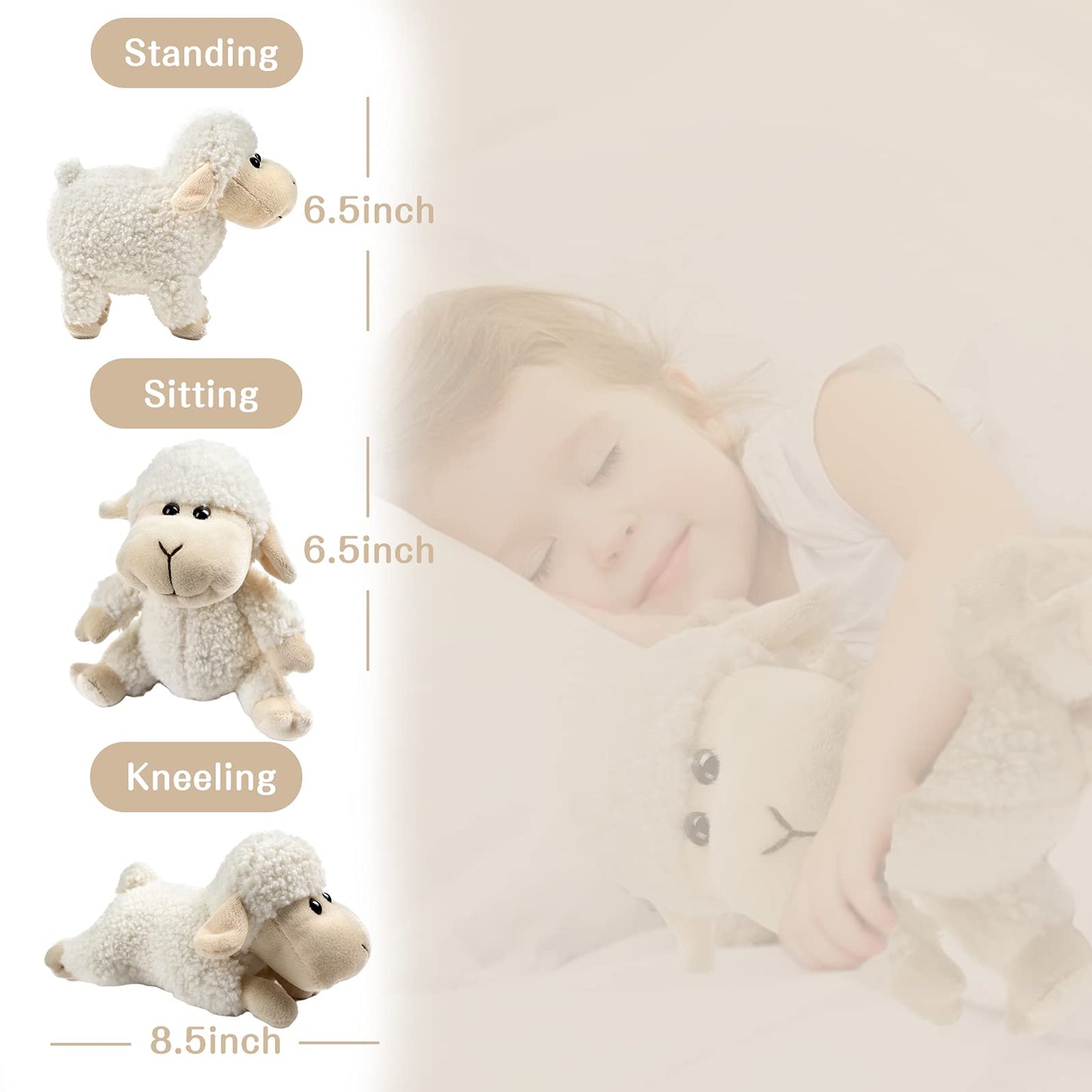 Frankiezhou Home 3 Pcs Stuffed Sheep Animals, 6.5 inch - 8.8 inch Cute Lamb Plush Toy as Gift for Your Kids (Sitting, Standing, Lying). (White)