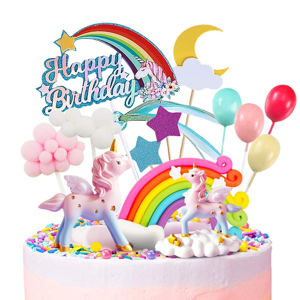 MOVINPE Unicorn Cake Topper, 2 Magic Unicorns Sculpture, 1 Rainbow, 1 Happy Birthday Banner, 2 Cloud, 4 Balloon, 12 Stars, 1 Moon, Cake Decoration