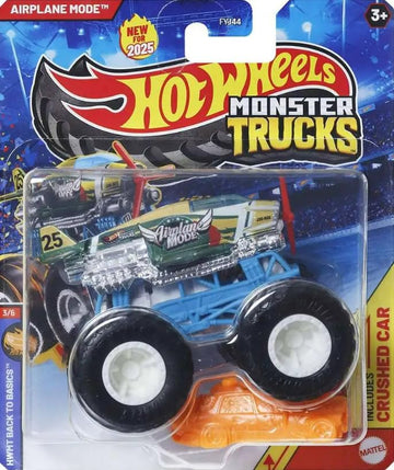 Hot Wheels Monster Trucks Airplane Mode W/Crushed Car, Back to Basics 3/6, Diecast Vehicle