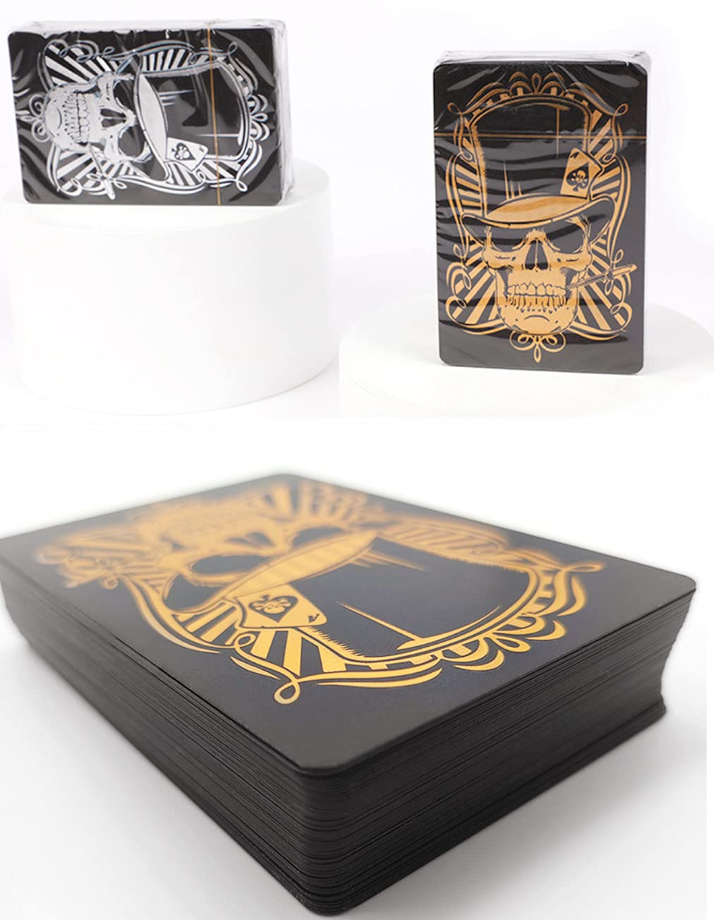 jcoral Cool Black Skull Playing Cards Waterproof Gold Silver Foil Poker Plastic Poker Cards Highly Flexible,2 Decks of Cards