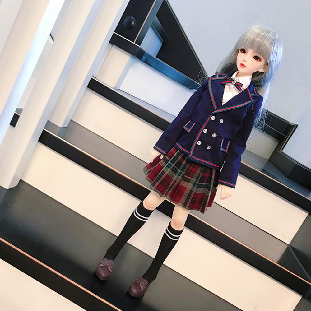 niannyyhouse 1/3 1/4 BJD Dolls Clothes Coat Shirt Plaid Pleated Skirt Socks European Dark Blue School Uniform Blazer Outfit Ball Jointed Dolls