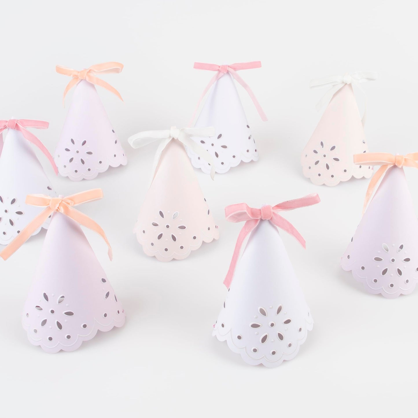 Meri Meri Broderie Anglaise Lace Party Hats (Pack of 8), Pastel Colors with Lace Design and Velvet Bows, Great for Princess Party Hats, Bridal
