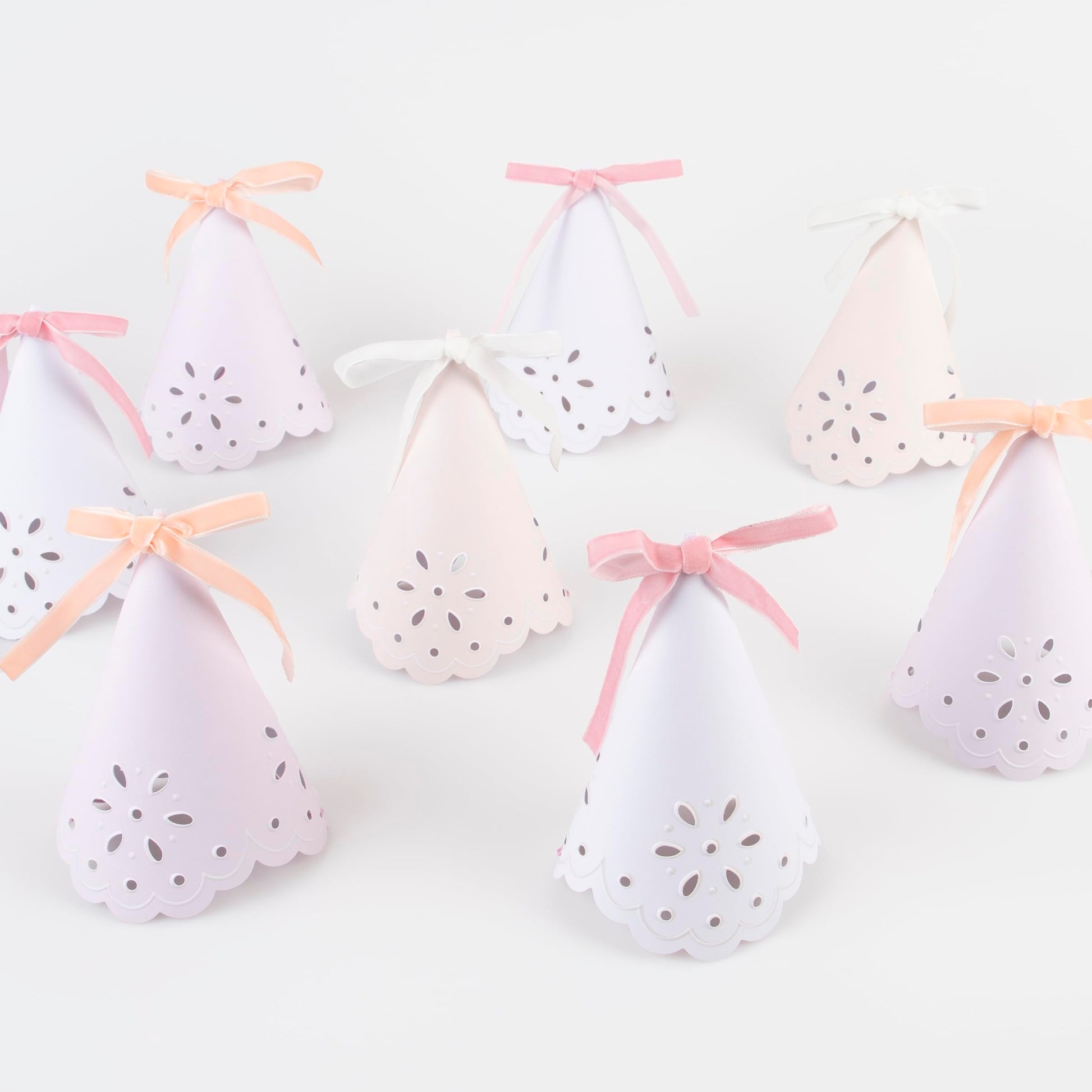 Meri Meri Broderie Anglaise Lace Party Hats (Pack of 8), Pastel Colors with Lace Design and Velvet Bows, Great for Princess Party Hats, Bridal