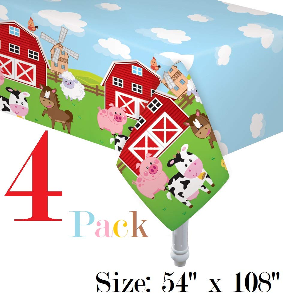 Oojami 4 Pack 54x108 inch Rectangular Plastic Table Cover, Farmhouse Fun Barnyard Animal Print Party Tablecloth for Wedding, Baby Shower, Birthday