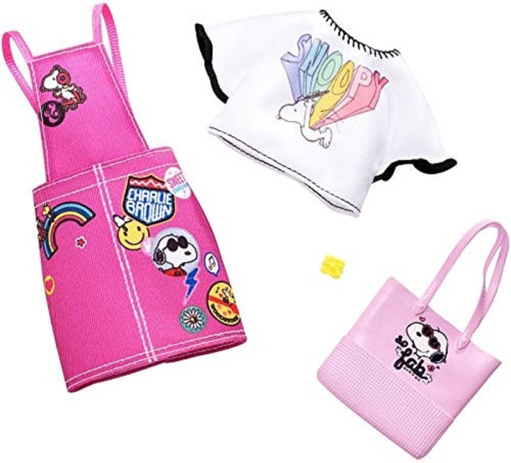 Barbie Fashion Peanuts Character Outfit Set - Bundle of 4 Clothing Packs with Accessories | Fits Most Dolls | Snoopy & Friends Themed Wardrobe | Ages