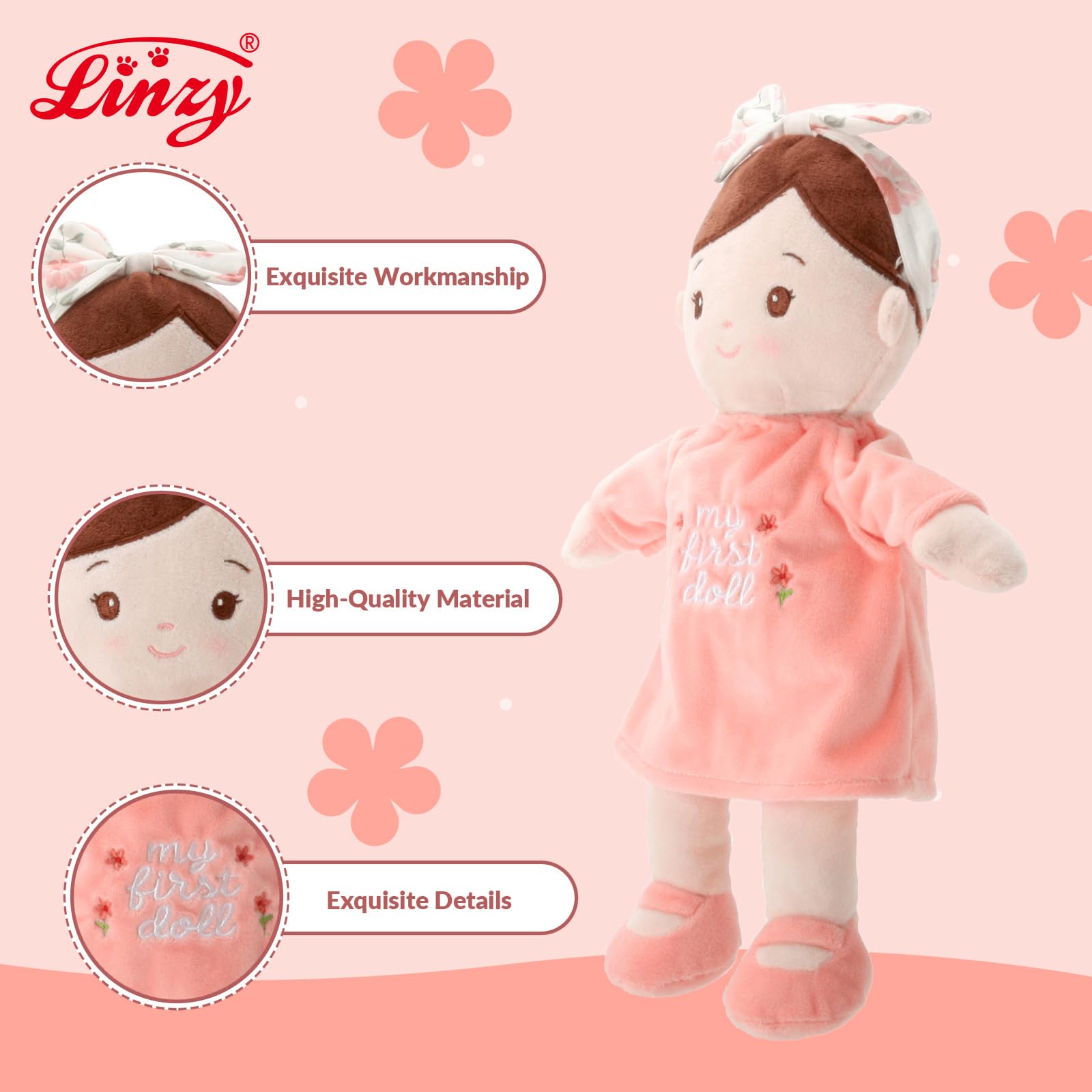 Linzy Toys Soft Plush Doll - 10" My First Doll with Floral Headband, Safe for All Ages, Stuffed Plush Doll for Girls, Adorable Toddler Girl Toys,Ideal