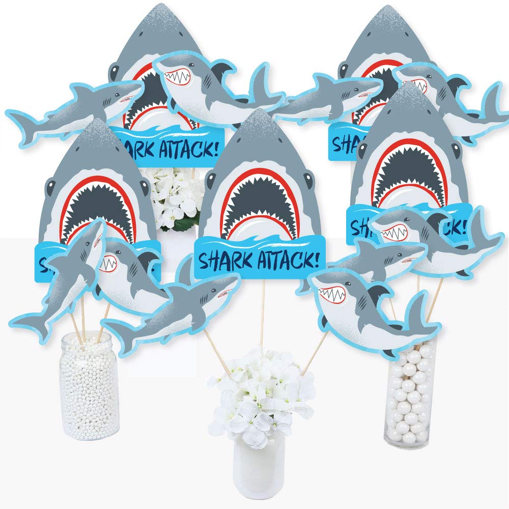 Big Dot of Happiness Shark Zone - Jawsome Shark Party or Birthday Party Centerpiece Sticks - Table Toppers - Set of 15