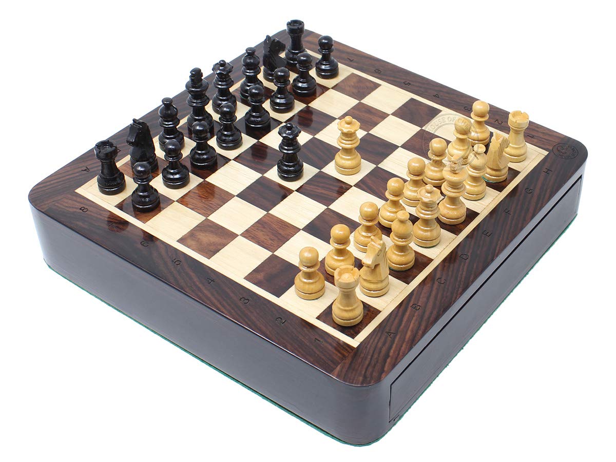 House of Chess - 7.5 Inch Wooden Magnetic Travel Chess Set with Storage Drawer & Algebraic Notation - 2 Extra Queens - Handmade
