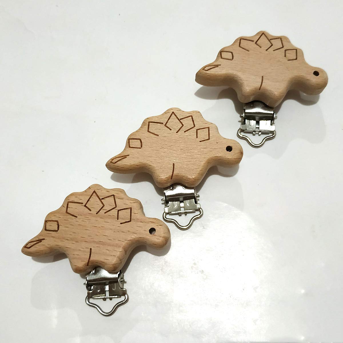 5pcs Natural Beech Wood Animal Pacifier Clips Grasping Toy Suspender Chain Clips Charm Antique DIY Beading Accessory (Stegosaurus)