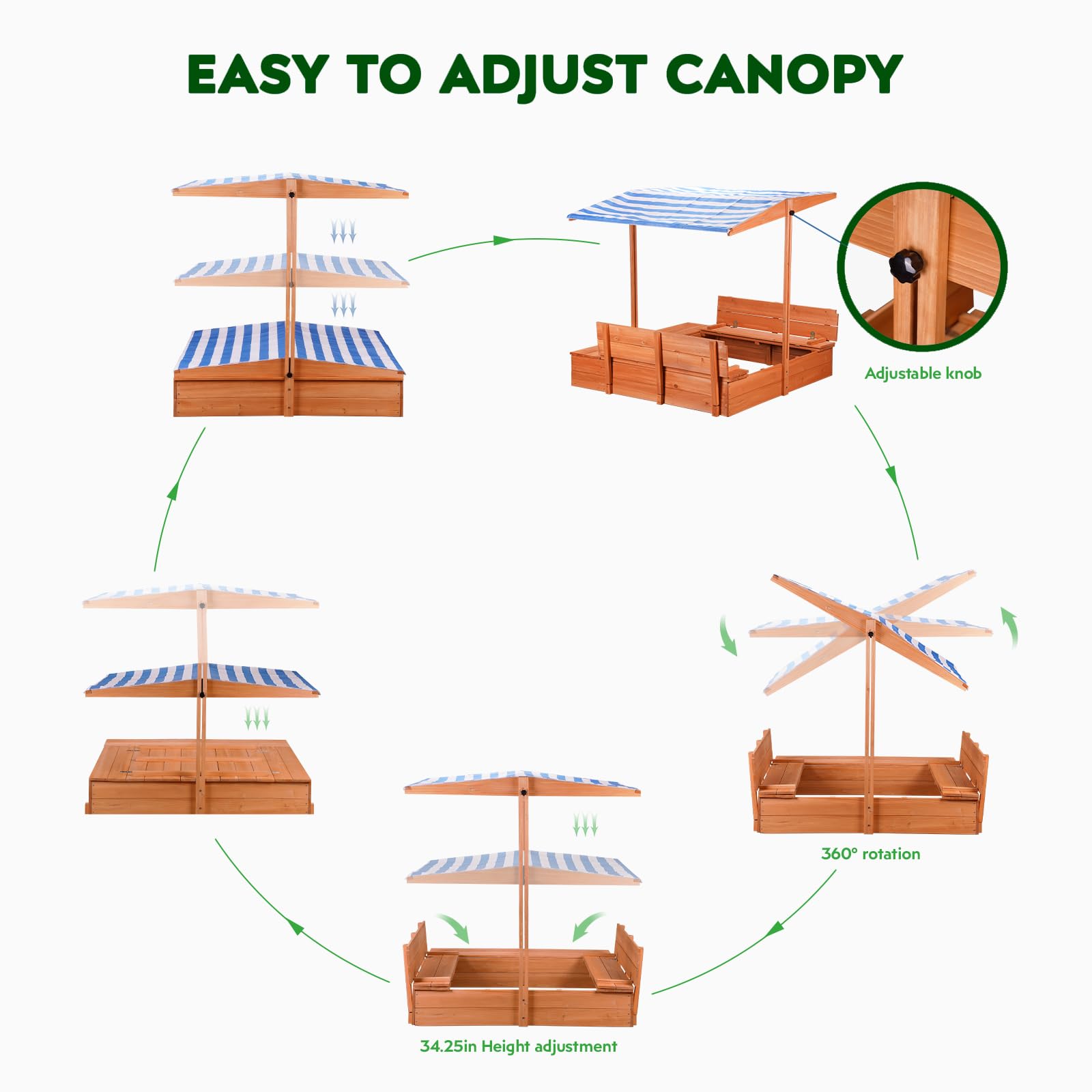 Kids Wooden Outdoor Sandbox with Cover，Sand Boxes with Canopy and Foldable Storage Bench Seats, Sand Table with Protection Bottom Liner,Kids Play