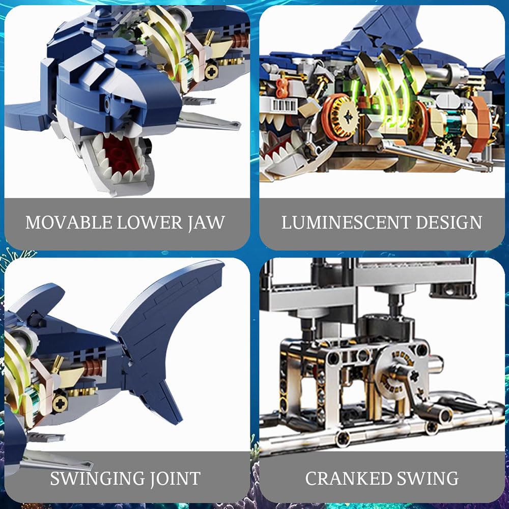 RyovSeno Mechanical Shark 687 PCS Building Set,Ideas Ocean Animal Building Block Toy with LED Lighting and Rotatable Link Components,Home Decor Gift