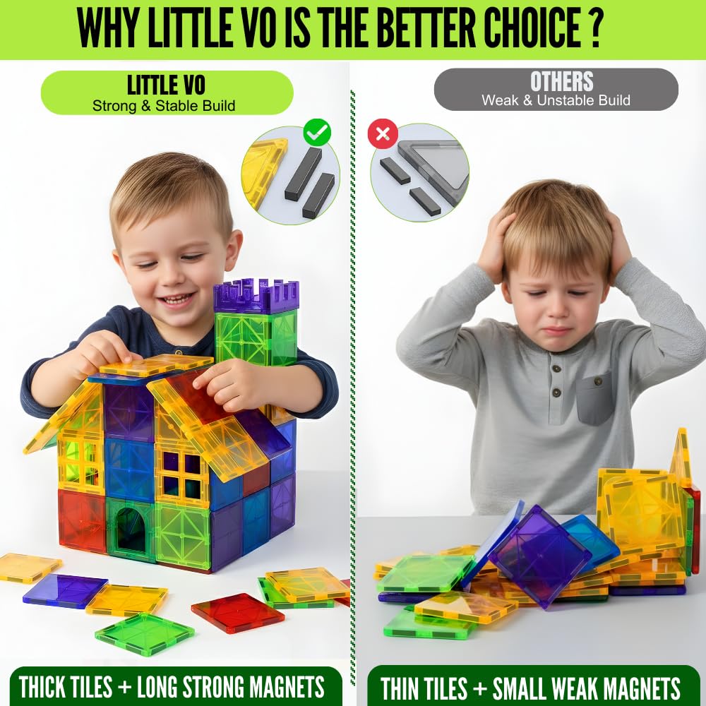 Little Vo Magnetic Tiles 100 pcs with 2 Cars, STEM Building Blocks for Kids, Educational Gift, Magnet Construction Toys for Toddlers, School Teacher