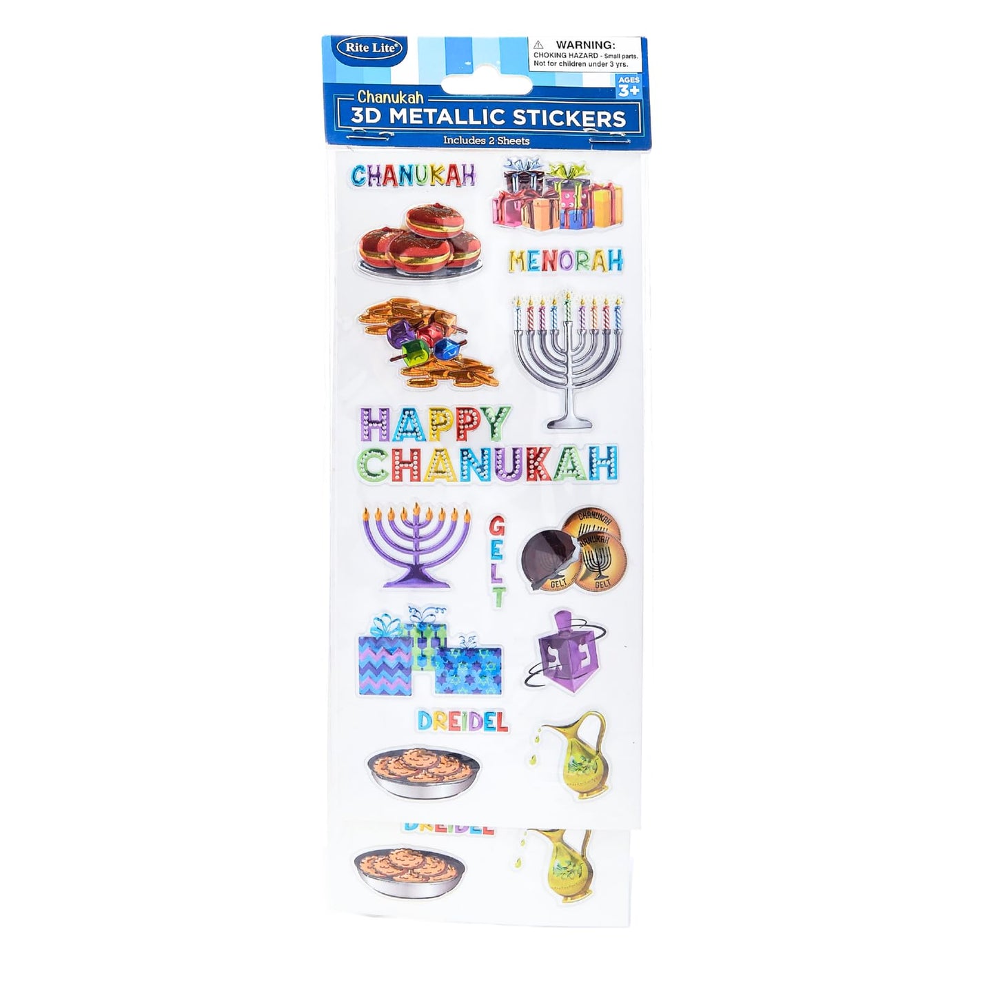 Rite Lite Hanukkah 3D Metallic Stickers Chanukah Party Favors Build Festive Scenes! | 2 Sheets of Festive Stickers Dreidels, Menorahs Fun Judaica