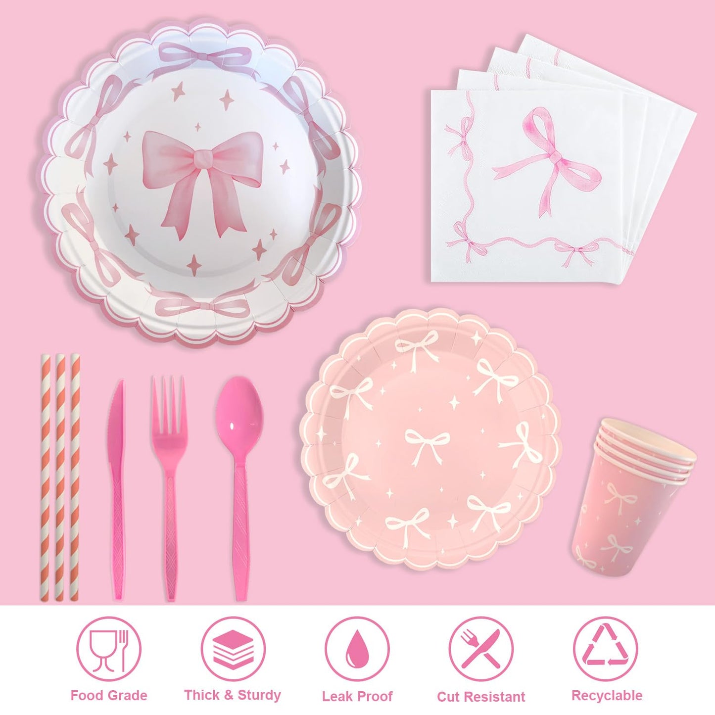 Pink Bow Birthday Party Supplies Serve 24, Coquette Birthday Decorations Include Bow Plates Napkins Cups Tablecloth straw Bow Theme Tableware