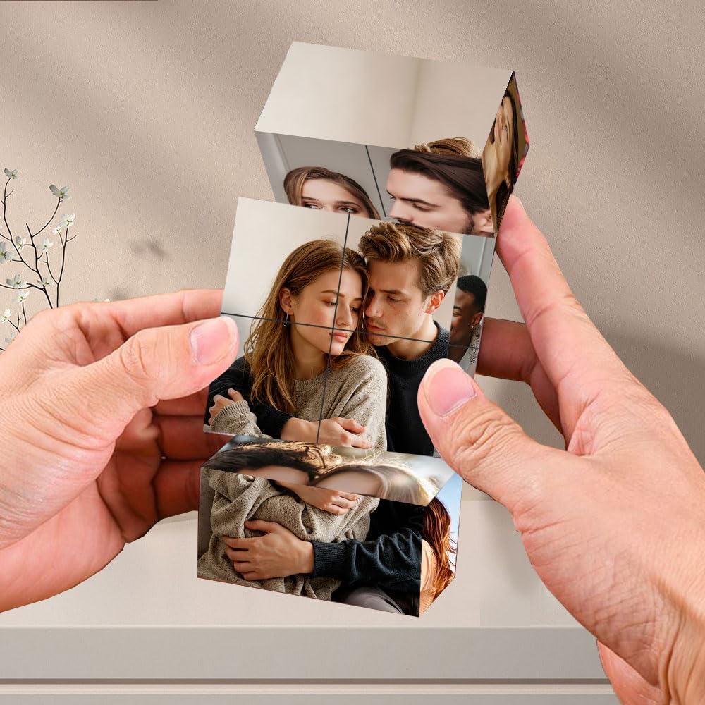 Personalized Photo Cube, Foldable 3D Rotating Custom Photo Cube Holds 9 Pictures - Funny & Sentimental Gift for Family Friends on Christmas, Birthday