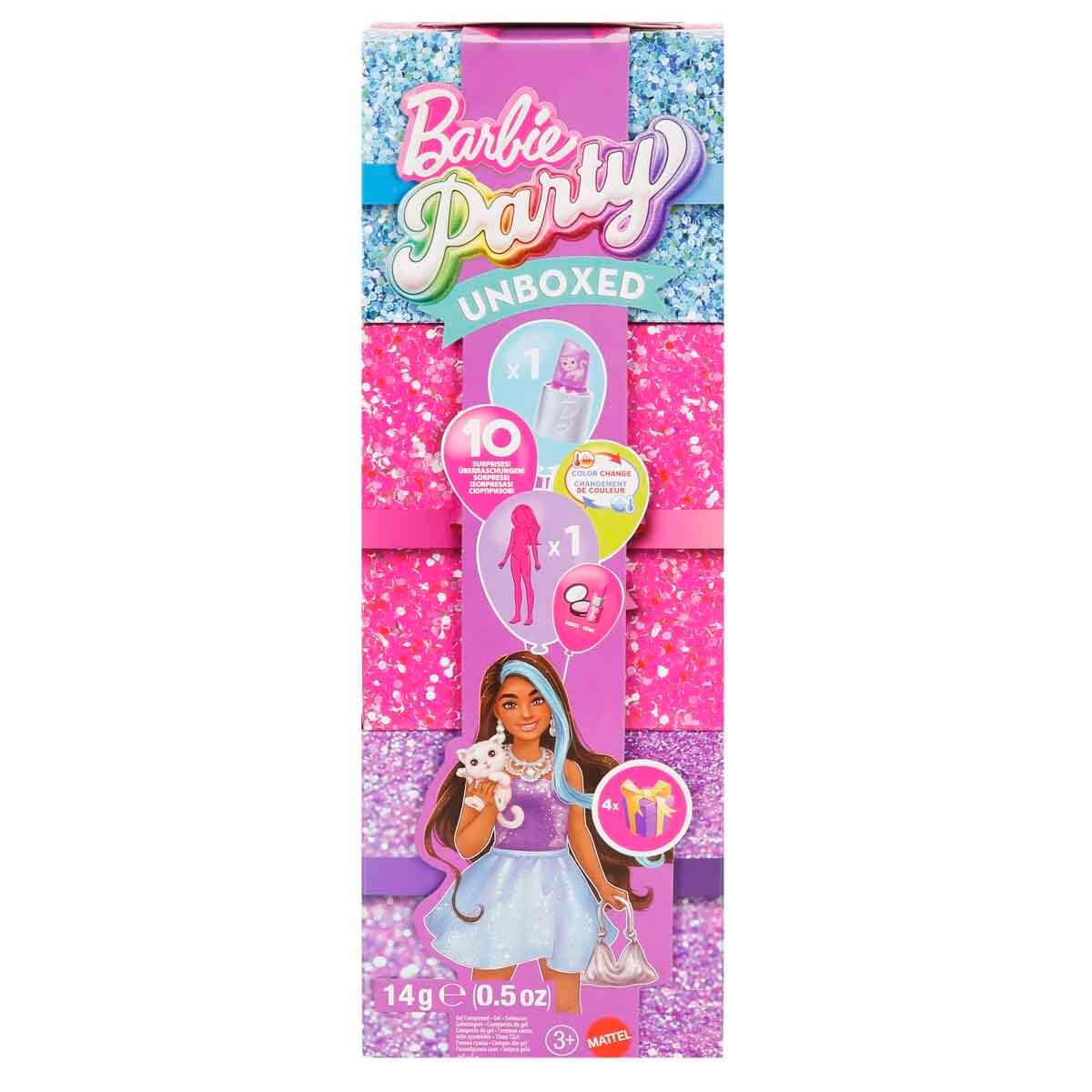 Barbie Party Unboxed Doll & Accessories, Glam Party Series with 10 Surprises Including Color-Change, Purple Sparkle Doll